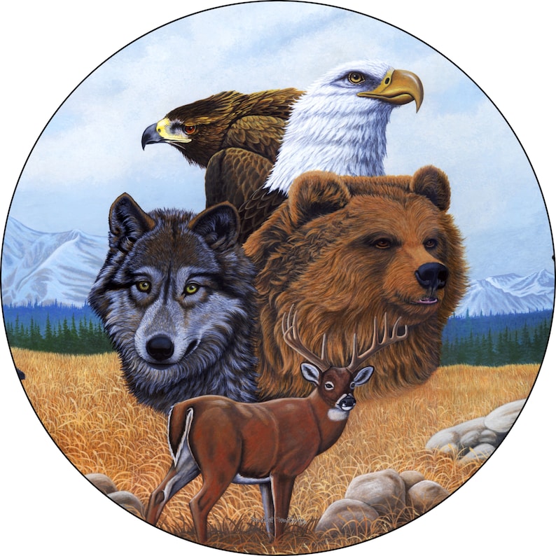 May include: A circular illustration featuring a wolf, a deer, a bear, a golden eagle, and a bald eagle. The animals are set against a backdrop of a mountain range and a blue sky with clouds. The animals are all facing forward, and the wolf is in the foreground.