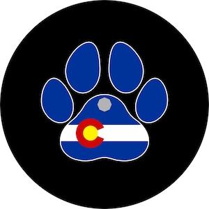 May include: A black circle with a blue paw print in the center. The paw print has a white outline and a red, white, and blue Colorado flag in the center.