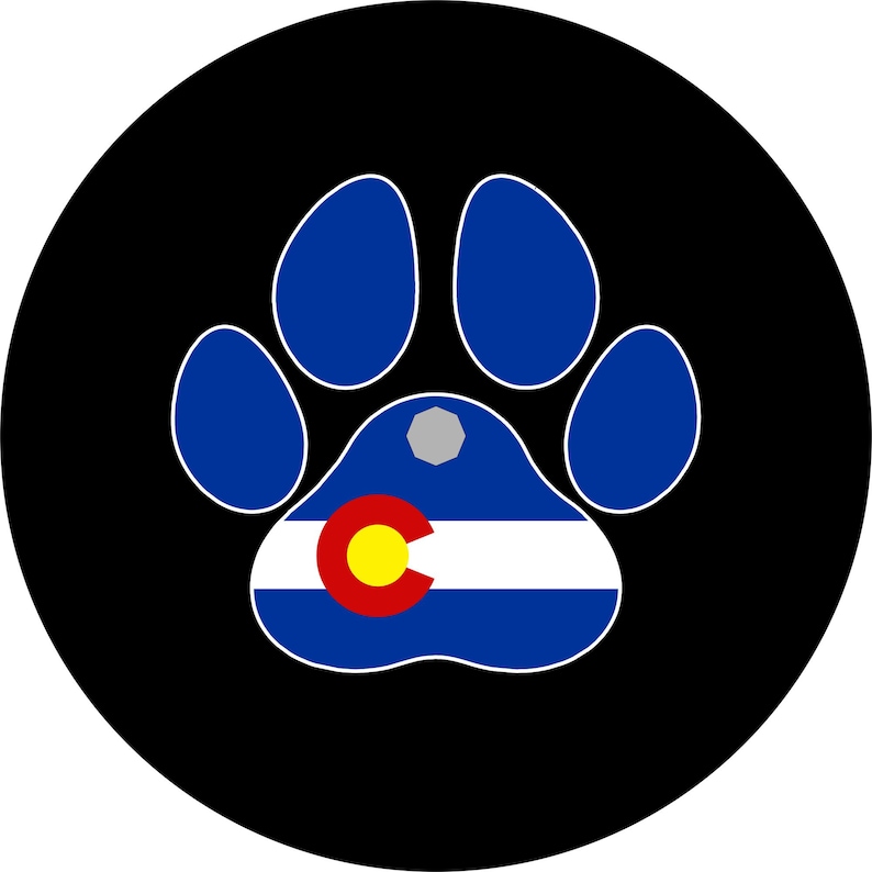 May include: A black circle with a blue paw print in the center. The paw print has a white outline and a red, white, and blue Colorado flag in the center.