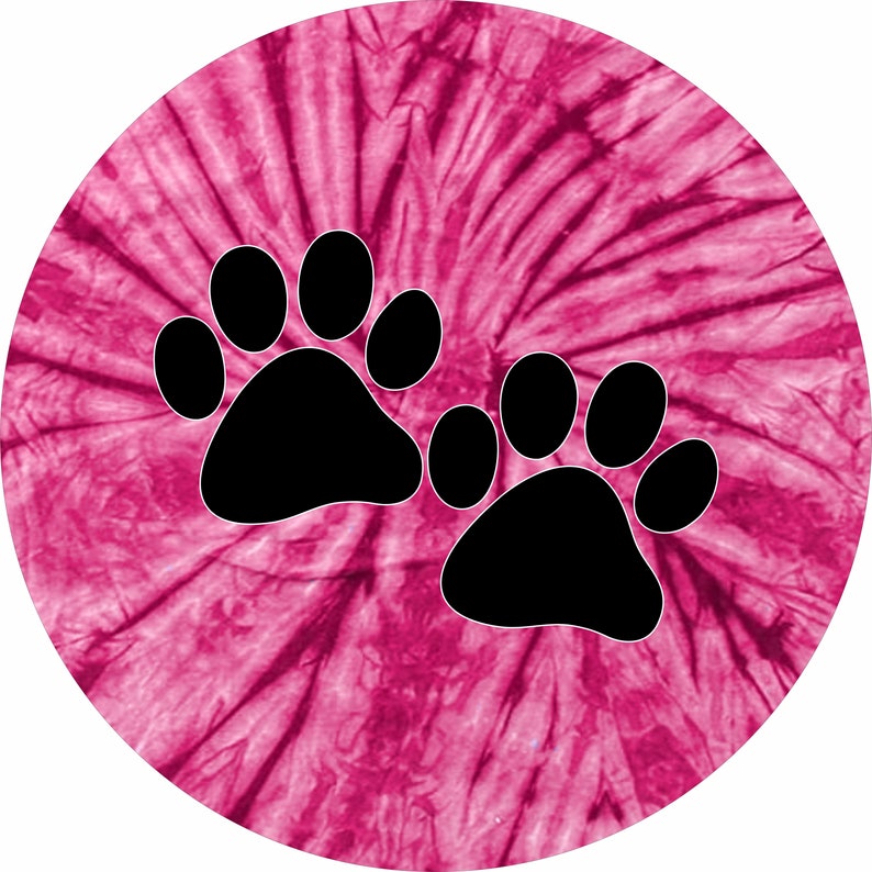 May include: Two black paw prints on a pink and white tie-dye background.