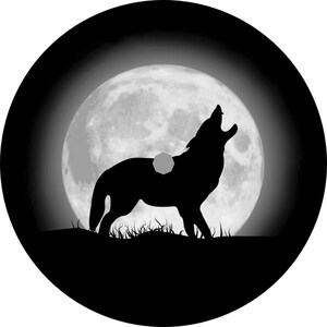 May include: A black silhouette of a wolf howling at the full moon. The wolf is standing in a field of grass. The moon is bright and white.