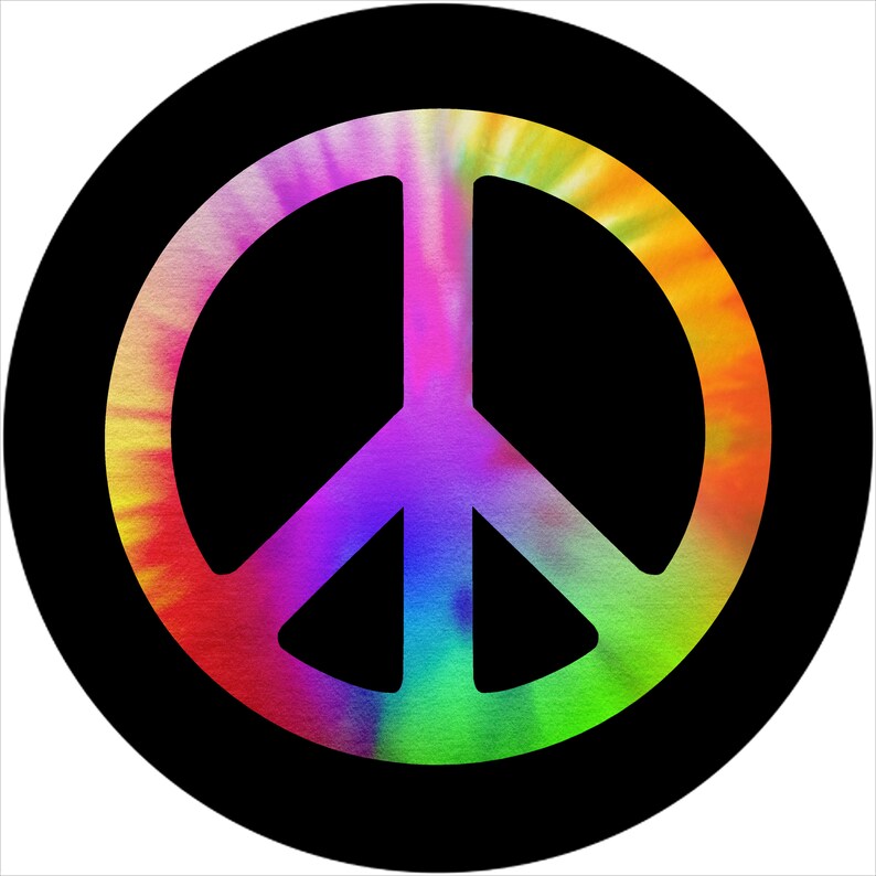 May include: A peace symbol in a tie-dye pattern of rainbow colors, set against a black circular background. The peace sign is a bold graphic, with a vibrant mix of pink, yellow, orange, green, and purple hues.