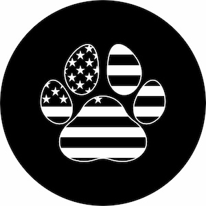May include: A black and white paw print design with the American flag colors. The paw print is made up of five individual paw prints, each with alternating red and white stripes or white stars on a blue background.