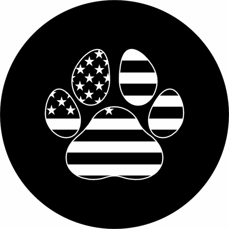 May include: A black and white paw print design with the American flag colors. The paw print is made up of five individual paw prints, each with alternating red and white stripes or white stars on a blue background.