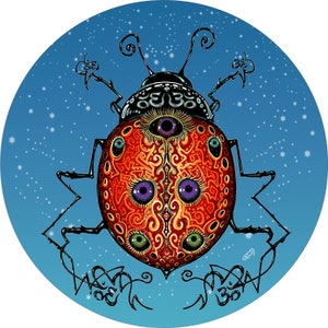May include: A psychedelic, red and orange ladybug with intricate patterns and multiple eyes on a blue background with white stars.