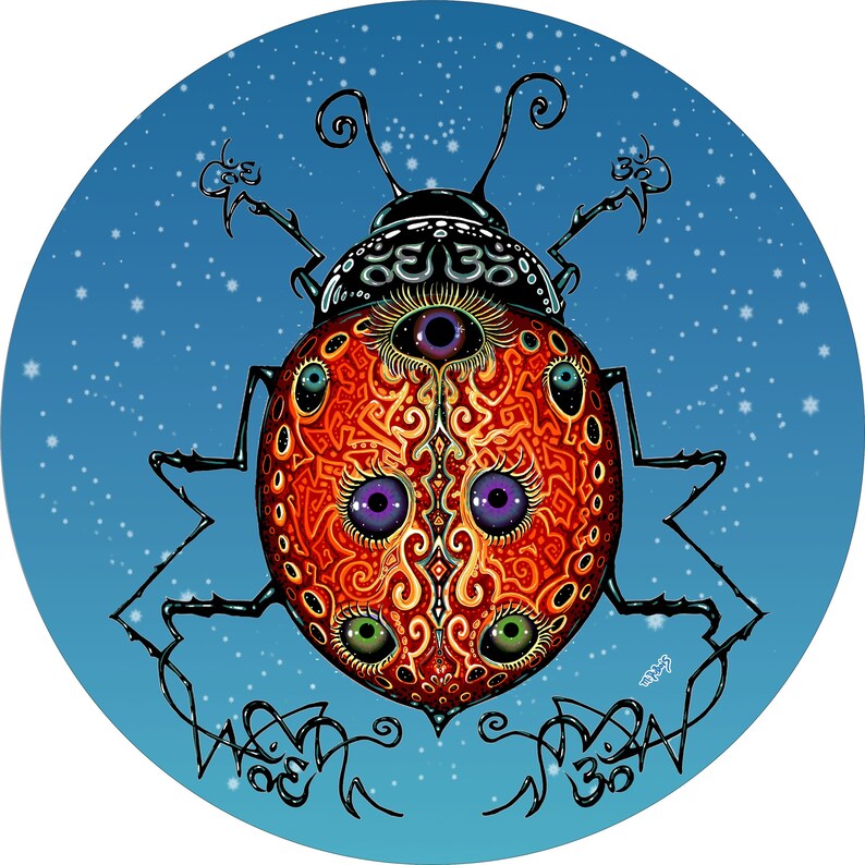 May include: A psychedelic, red and orange ladybug with intricate patterns and multiple eyes on a blue background with white stars.