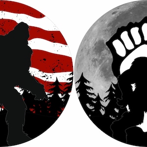 Sasquatch Big Foot Spare Tire Cover  ~ ALL Sizes available in menu~ Camera opening option in Menu ~ Heavy Duty Protector ~ Flag Moon Forest