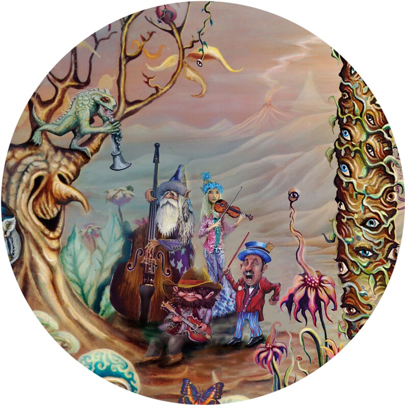 May include: A whimsical painting of a band of fantastical creatures playing music in a surreal landscape. A green lizard plays a clarinet, a bearded gnome plays a double bass, a woman with blue hair plays a violin, a gnome with a top hat conducts, and a gnome with a beard plays a guitar. The background features a volcano, a tree with many eyes, and other fantastical plants.