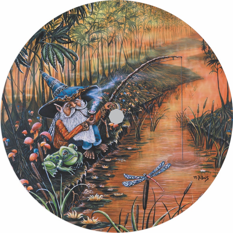 May include: A whimsical painting of a gnome wearing a blue hat and a long white beard, sitting on a mossy bank by a river. He is holding a pipe and fishing with a rod. A green frog sits beside him, and a dragonfly hovers over the water. The background is a lush forest with tall trees and a sunset sky.
