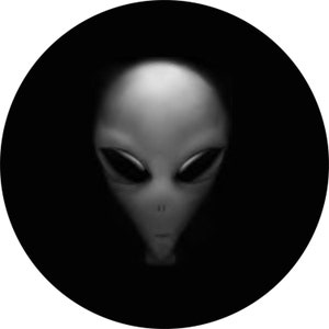 May include: A close-up of a gray alien face with large black eyes and a small mouth. The alien is in the center of the image against a black background.