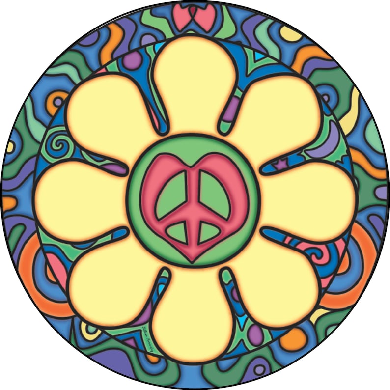 May include: A colorful, circular design featuring a large yellow flower with six petals. The center of the flower has a green heart shape with a pink peace symbol. The background is a vibrant mix of blue, green, orange, and purple swirls.