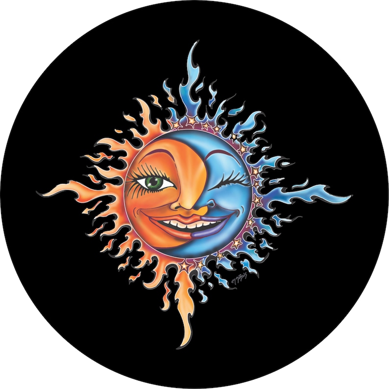 May include: A whimsical sun and moon design with a smiling face. The sun is orange and yellow with a green eye and the moon is blue with a winking eye. The design is surrounded by a ring of stars.
