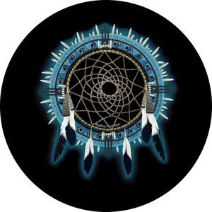 May include: A blue and brown dreamcatcher with feathers hanging from the bottom. The dreamcatcher is on a black background.