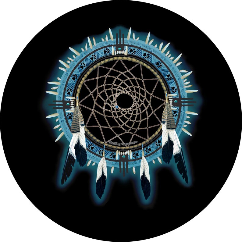 May include: A blue and brown dreamcatcher with feathers hanging from the bottom. The dreamcatcher is on a black background.