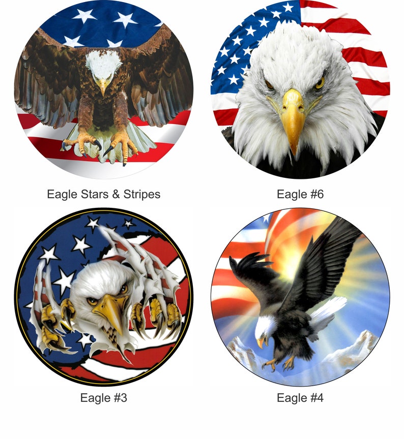 May include: Four different designs of American flag themed eagle images. The first image shows a bald eagle with its wings spread wide, perched on a red, white, and blue American flag. The second image shows a close-up of a bald eagle's head with a red, white, and blue American flag in the background. The third image shows a bald eagle with its claws outstretched, tearing through a red, white, and blue American flag. The fourth image shows a bald eagle in flight, with a red, white, and blue American flag in the background.