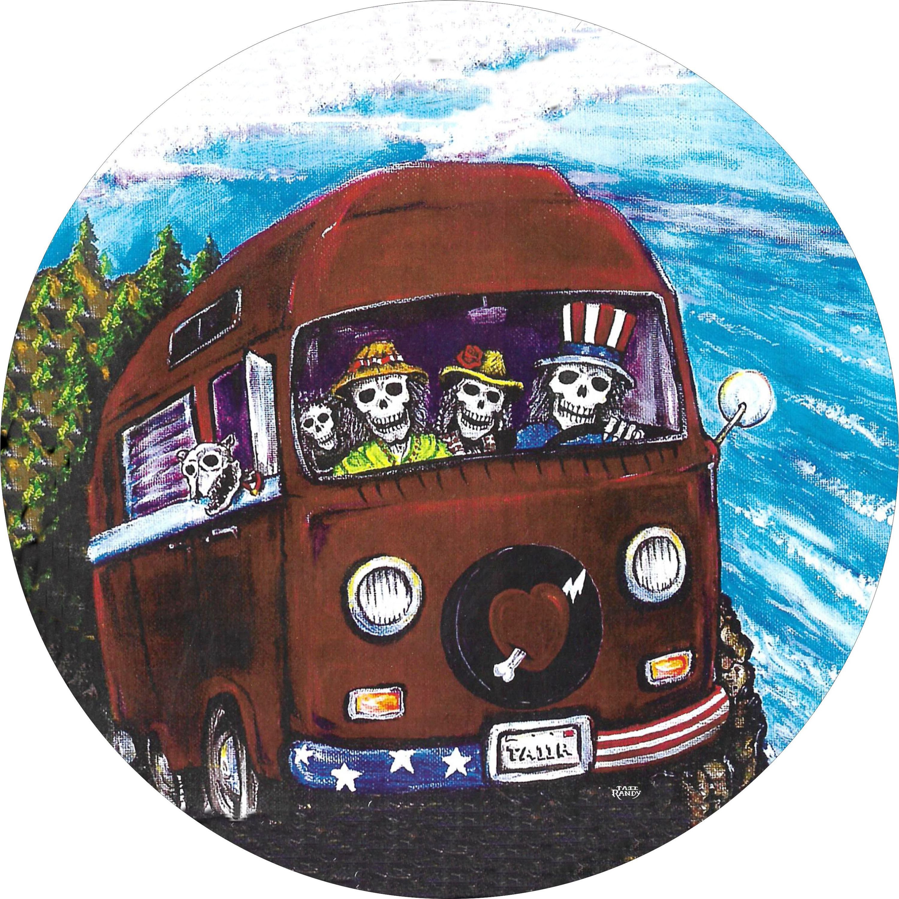 Bus Van Spare Tire Cover -Custom made to your Exact tire size - Option for backup camera opening in menu - Music and skeleton designs