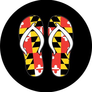 May include: A pair of black flip-flops with the Maryland state flag design. The flag is yellow, black, and red.