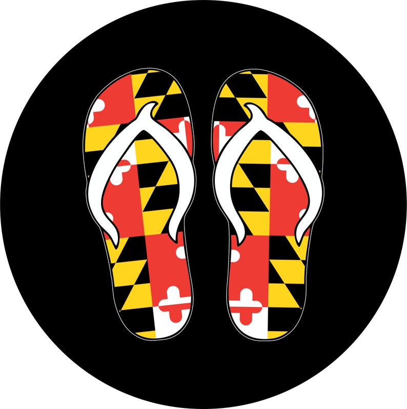 May include: A pair of black flip-flops with the Maryland state flag design. The flag is yellow, black, and red.
