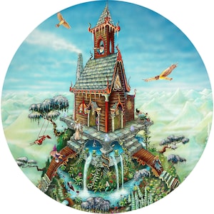 May include: A whimsical illustration of a wooden house with a pointed roof and a tower, perched on a rocky outcrop above a waterfall. The house is surrounded by lush greenery and a blue sky with clouds.