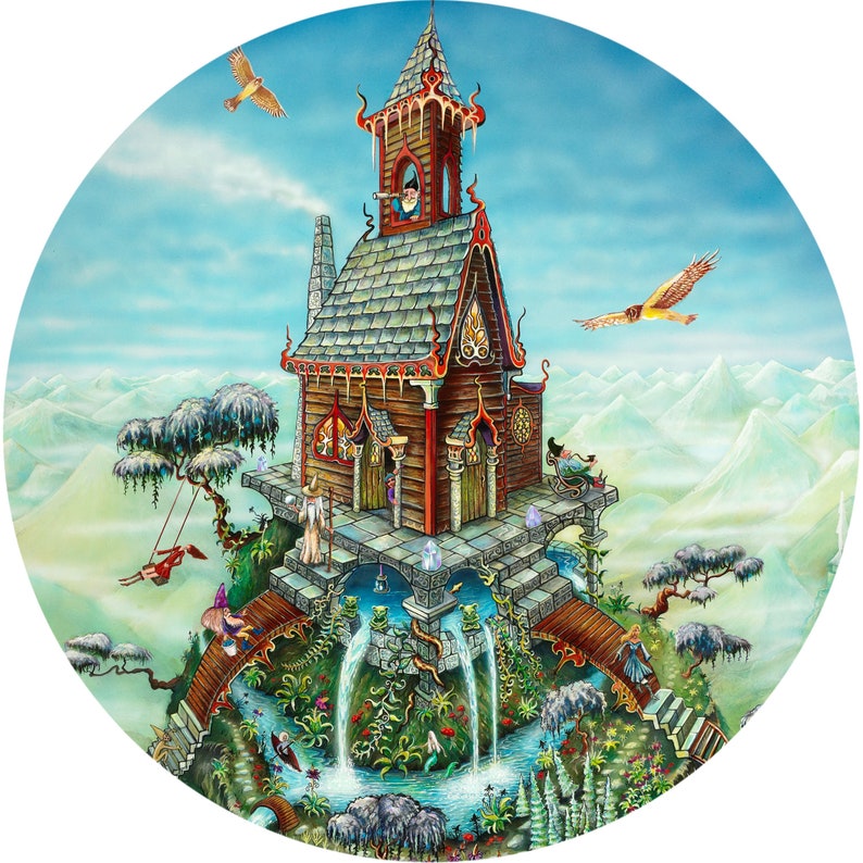 May include: A whimsical illustration of a wooden house with a pointed roof and a tower, perched on a rocky outcrop above a waterfall. The house is surrounded by lush greenery and a blue sky with clouds.