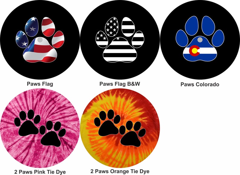 May include: Six different designs of paw print decals. The designs include the American flag, the American flag in black and white, the Colorado flag, a pink tie-dye pattern, and an orange tie-dye pattern.