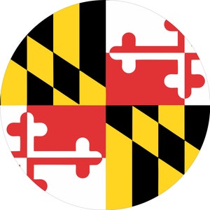 May include: The flag of Maryland, a circle with four quadrants. The top left and bottom right quadrants are yellow and black, with a diagonal pattern. The top right and bottom left quadrants are red and white, with a white cross on a red background.