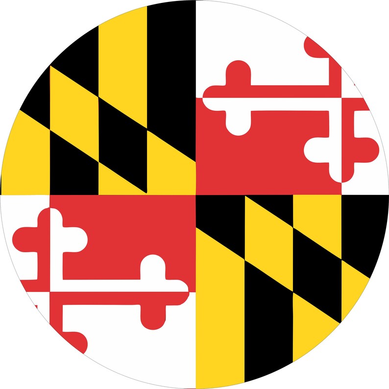May include: The flag of Maryland, a circle with four quadrants. The top left and bottom right quadrants are yellow and black, with a diagonal pattern. The top right and bottom left quadrants are red and white, with a white cross on a red background.