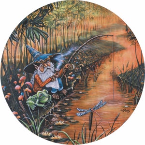 May include: A whimsical painting of a gnome wearing a blue hat and a long white beard, sitting on a riverbank and fishing with a rod. A green frog sits beside him, and a dragonfly hovers over the water. The background features a lush forest with a winding river and a misty sunset.
