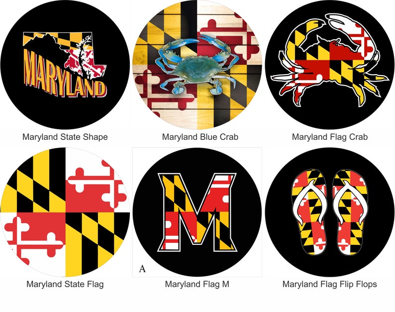May include: Six round black and white designs featuring the Maryland state flag. The designs include the state shape, a blue crab, a crab with the flag on its shell, the flag itself, the letter M, and flip flops with the flag pattern.
