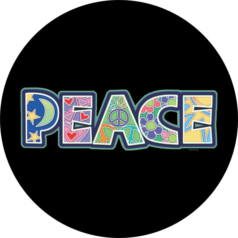 May include: A colorful graphic design of the word "PEACE" against a black background. Each letter is filled with unique patterns, including hearts, flowers, stars, and the peace symbol. The design is outlined in white and blue.