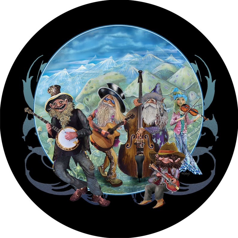 May include: A whimsical illustration of a band of five musicians playing instruments in a fantastical landscape. The musicians are dressed in colorful costumes and have long beards. The landscape is filled with mountains, clouds, and mushrooms.