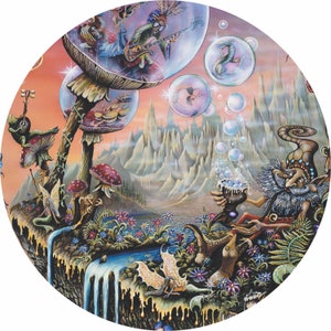 May include: A whimsical illustration of a fantasy world with a gnome sitting on a rock, smoking a pipe and blowing bubbles. The background features a mountain range, a waterfall, and a mushroom with a band of musicians inside a bubble.
