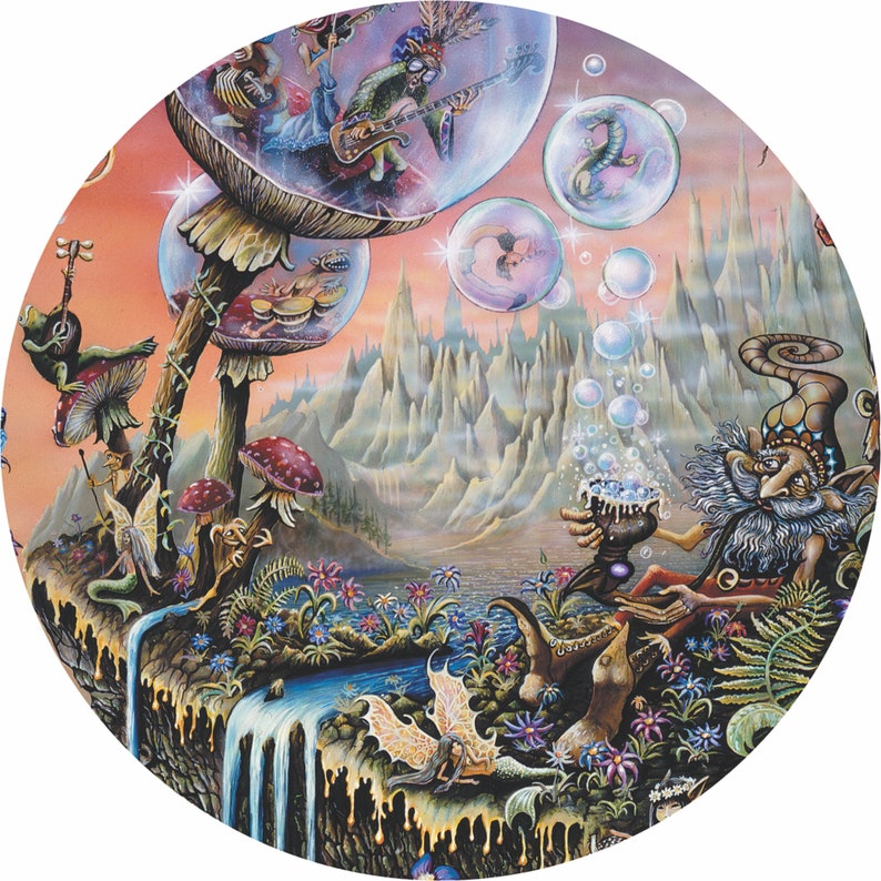 May include: A whimsical illustration of a fantasy world with a gnome sitting on a rock, smoking a pipe and blowing bubbles. The background features a mountain range, a waterfall, and a mushroom with a band of musicians inside a bubble.