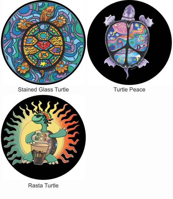 Turtle Spare Tire Cover: Stained Glass, Peace, Rasta Designs