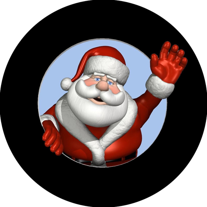 May include: A cartoon Santa Claus with a white beard and red suit waves from a round window. He is wearing a red hat with a white trim.
