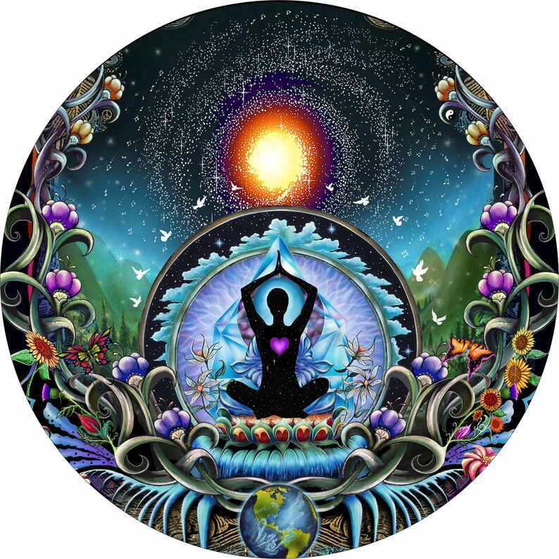 May include: A circular mandala design with a dark blue background and a central image of a person in a yoga pose. The person is surrounded by a blue and white diamond shape and a glowing sun. The mandala is surrounded by a border of flowers and leaves.