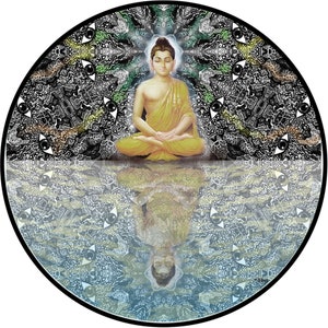May include: A circular mandala design with a black and white background. The center of the mandala features a golden Buddha figure in a seated meditation pose. The Buddha is surrounded by a green and white mandala design. The bottom half of the image is a reflection of the top half, with a blue and white background.