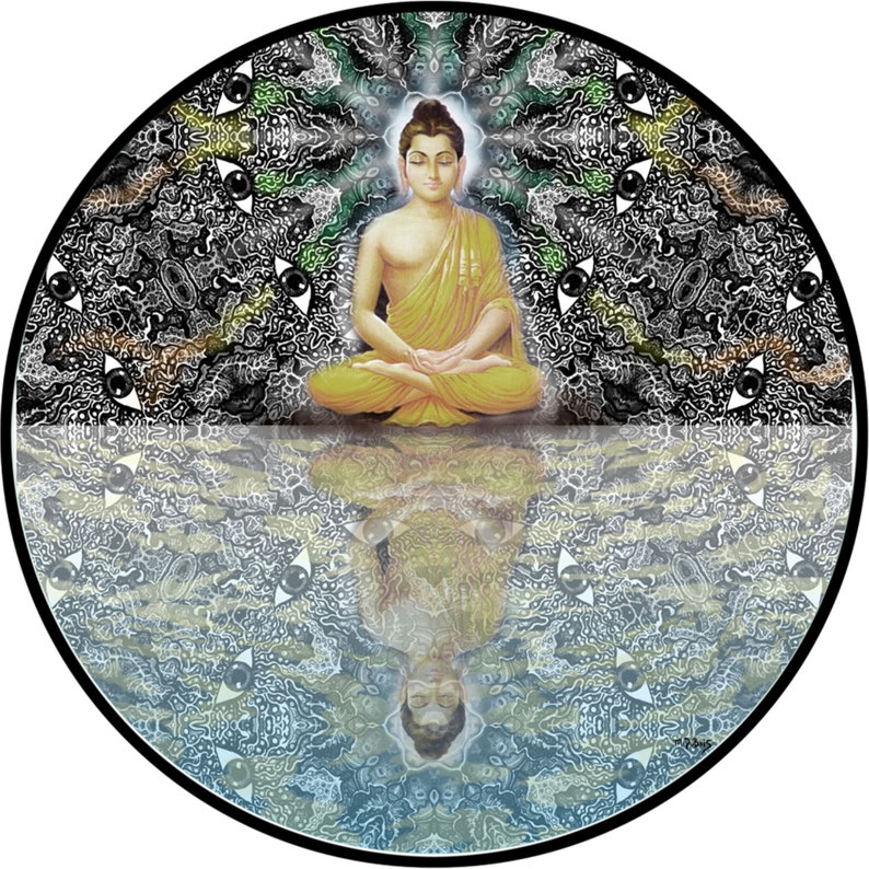 May include: A circular mandala design with a black and white background. The center of the mandala features a golden Buddha figure in a seated meditation pose. The Buddha is surrounded by a green and white mandala design. The bottom half of the image is a reflection of the top half, with a blue and white background.