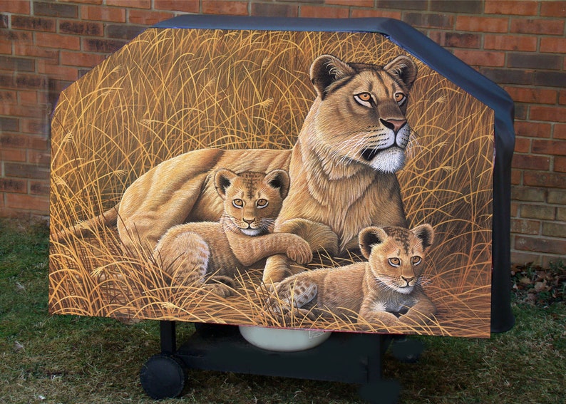 Kettle African Lioness with Cubs BBQ Grill cover custom fit for your Grill or Smoker and provides all weather protection