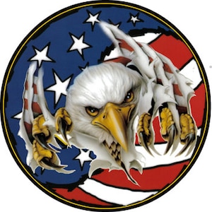 May include: A bald eagle with sharp talons is breaking through an American flag with red and white stripes and blue stars. The eagle's eyes are fierce and its beak is open.