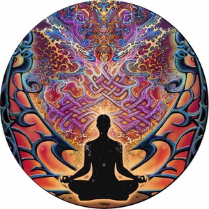 May include: A circular psychedelic art print featuring a black silhouette of a person meditating in a lotus position. The person is surrounded by a colorful, swirling, and intricate design with a bright orange, yellow, and red background.