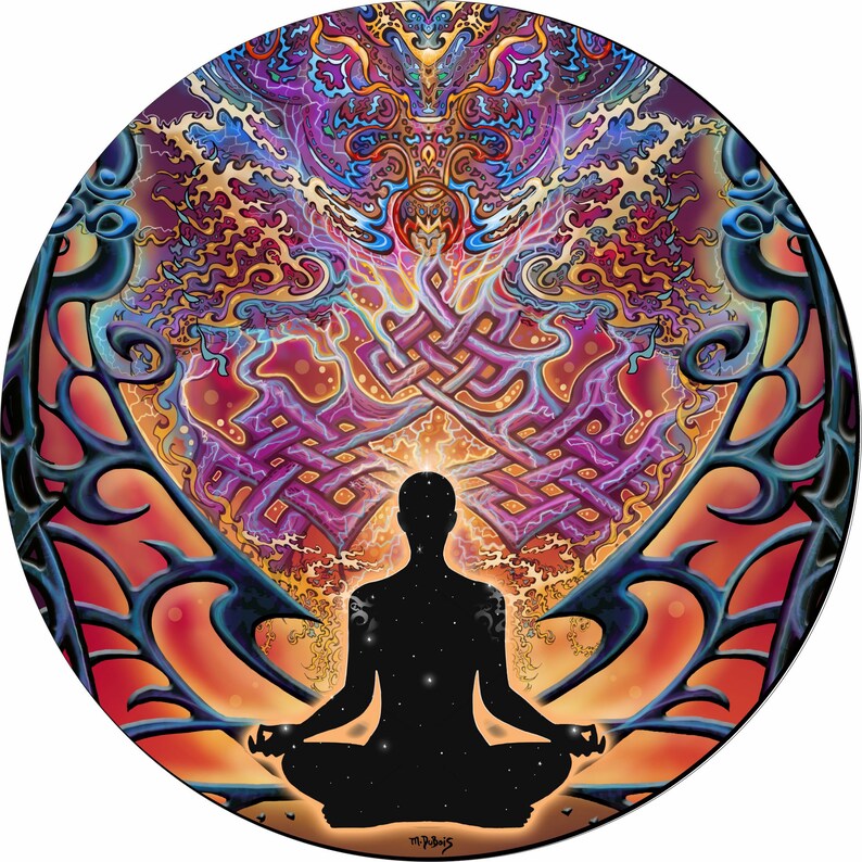 May include: A circular psychedelic art print featuring a black silhouette of a person meditating in a lotus position. The person is surrounded by a colorful, swirling, and intricate design with a bright orange, yellow, and red background.