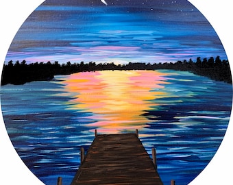 May include: A painting depicting a lake at sunset, with a wooden jetty extending into the water. The sky is a vibrant orange and pink, with a crescent moon in the top left corner.