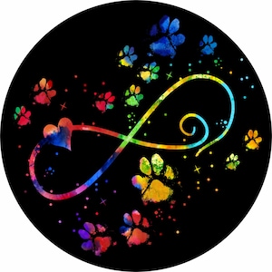 May include: A colorful infinity symbol with a heart in the center, surrounded by paw prints on a black background. The paw prints are in various colors, including red, orange, yellow, green, blue, and purple.