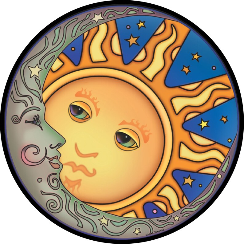 May include: A circular illustration of a sun and moon with faces. The sun is yellow with orange rays and a green and orange face. The moon is gray with a green and pink face. The background is blue with stars.