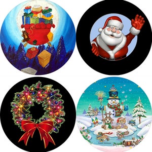 May include: Four round Christmas-themed images. The first image shows Santa Claus peeking through a window. The second image shows a snowman with animals around him. The third image shows a wreath with lights and a red bow. The fourth image shows Santa Claus flying through the air with a bag full of presents.