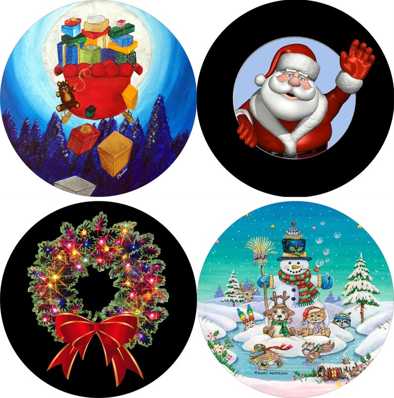 May include: Four round Christmas-themed images. The first image shows Santa Claus peeking through a window. The second image shows a snowman with animals around him. The third image shows a wreath with lights and a red bow. The fourth image shows Santa Claus flying through the air with a bag full of presents.