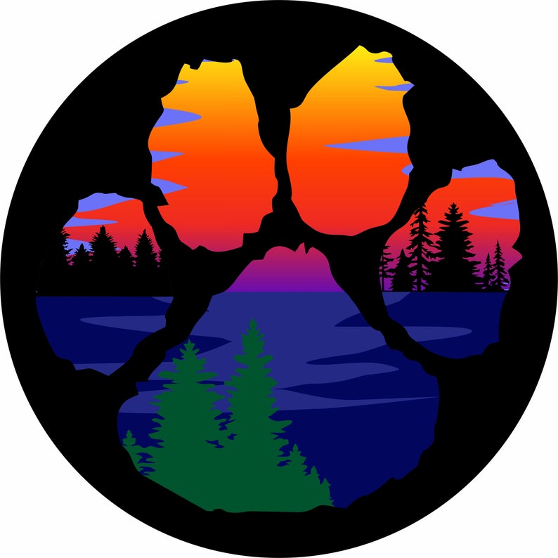 May include: A paw print design with a sunset and lake scene inside. The paw print is black and the scene is a colorful sunset over a lake with trees on either side.
