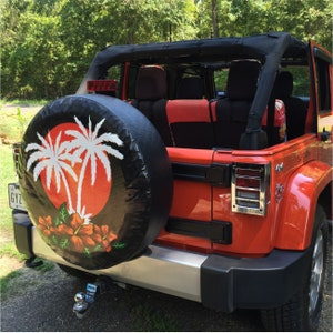 Aloha Sunset Spare Tire Cover - Custom Fit to your Exact Tire Size - Option for backup camera opening in menu - Tropical Palm Trees Hibiscus