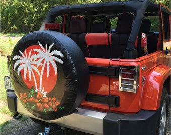 Tropical Aloha Sunset Spare Tire Cover – Palm Trees & Hibiscus